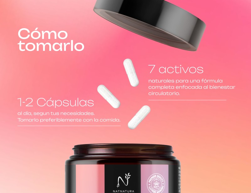Cómo tomarlo: de 1 a 2 cápsulas al día, según tus necesidades, preferiblemente con la comida; 7 activos naturales para una fórmula completa enfocada al bienestar circulatorio