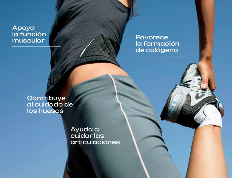 Colágeno con magnesio: apoya la función muscular, contribuye al cuidado de los huesos, favorece la formación de colágeno y ayuda a cuidar las articulaciones