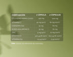 Composição do Colagénio hidrolisado por 1 e 2 cápsulas: colagénio hidrolisado, vitamina C, coenzima Q10, ácido hialurónico, zinco, vitamina A e vitamina D3