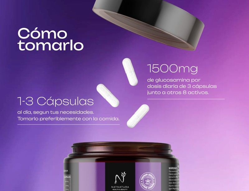 Cómo tomarlo: de 1 a 3 cápsulas al día, según tus necesidades, preferiblemente con la comida; 1500 mg de glucosamina por dosis diaria de 3 cápsulas junto a otros 8 activos