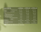 Composición de Glucosamina 1500 mg por 1, 2 y 3 cápsulas: sulfato de glucosamina 2 KCl, sulfato de condroitina, MSM, extracto seco de boswellia, cúrcuma en polvo, colágeno hidrolizado bovino, hialuronato sódico, vitamina C y L-selenometionina con selenio