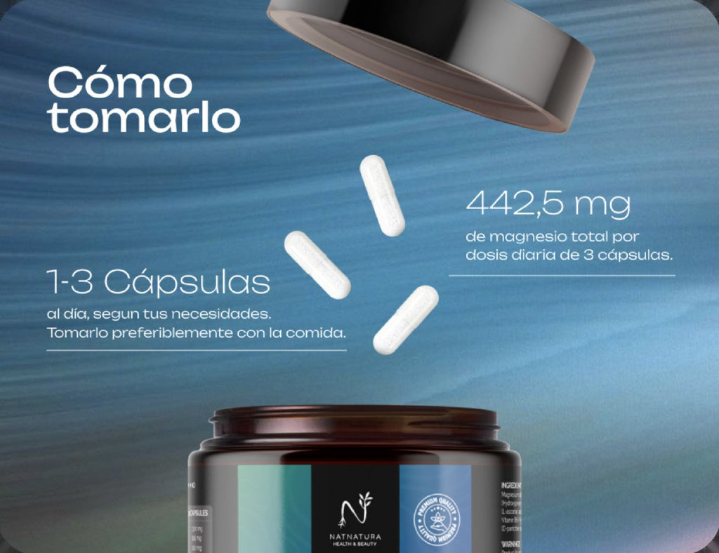 Como tomá-lo: de 1 a 3 cápsulas por dia, conforme as tuas necessidades, de preferência com a refeição; 442,5 mg de magnésio total por dose diária de 3 cápsulas