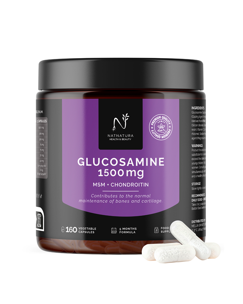 Bote de Glucosamina 1500 mg de Natnatura, recorte sobre fondo transparente