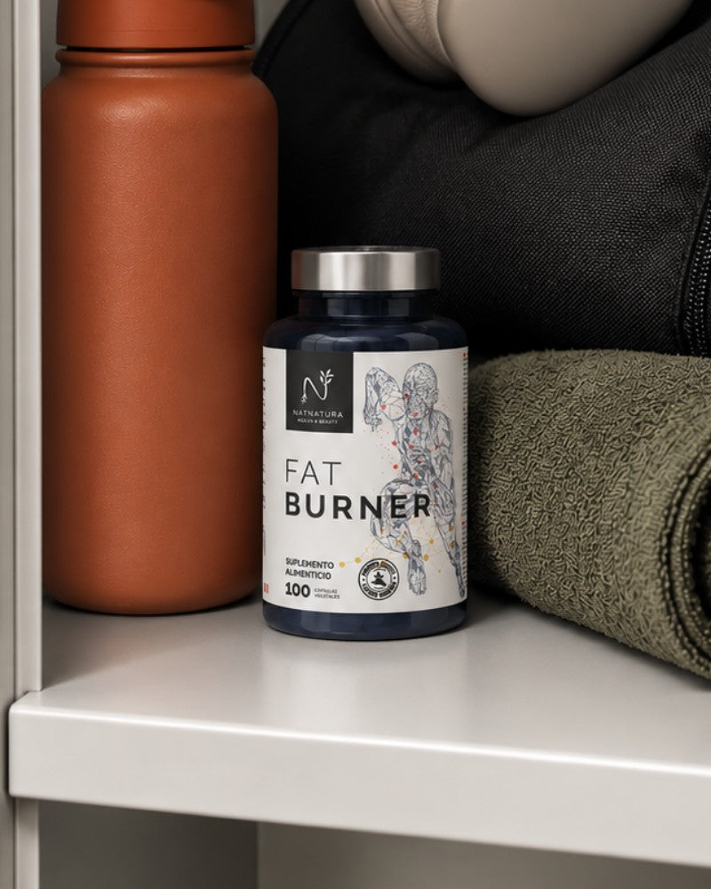 Frasco de Fat Burner da Natnatura numa estante, junto a uma garrafa e uma toalha